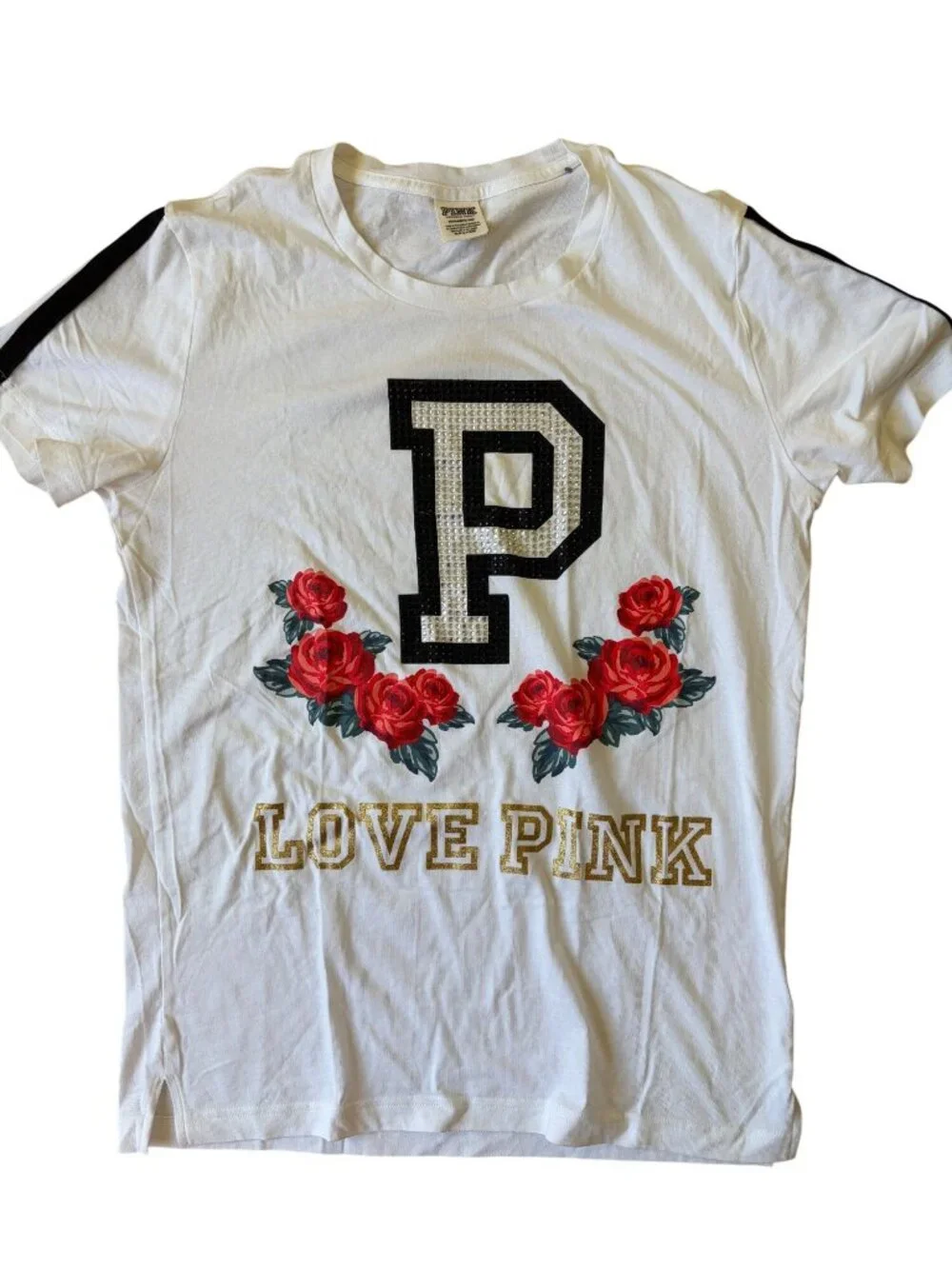 Victoria's Secret PINK Bling Floral Campus Tee XS Glam Collegiate Loungewear